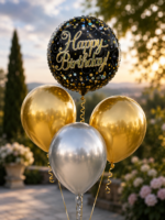 Ballonset Happy Birthday Schwarz Gold und Silber – Bild 3