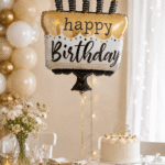 Folienballon Happy Birthday Torte in schwarz, weiß, silber und gold