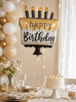 Folienballon Happy Birthday Torte in schwarz, weiß, silber und gold